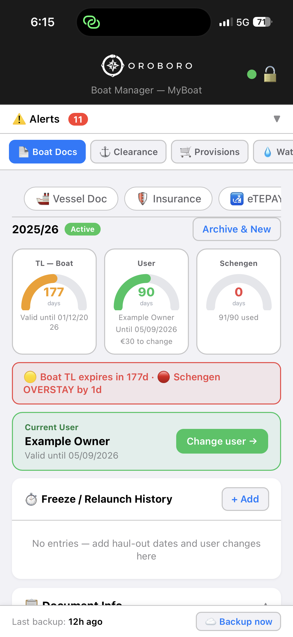 Clearance tab showing Transit Log and Schengen countdown gauges