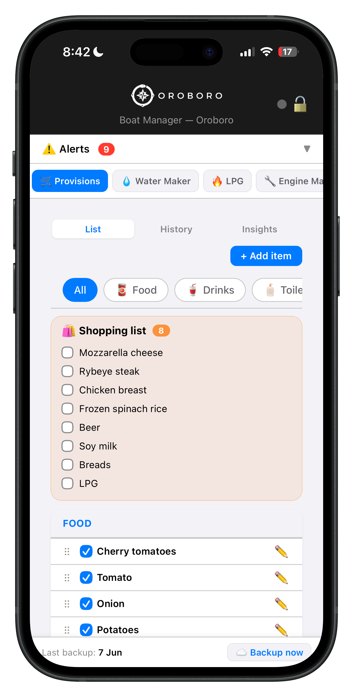 Provisions tab showing shopping list and food inventory by category