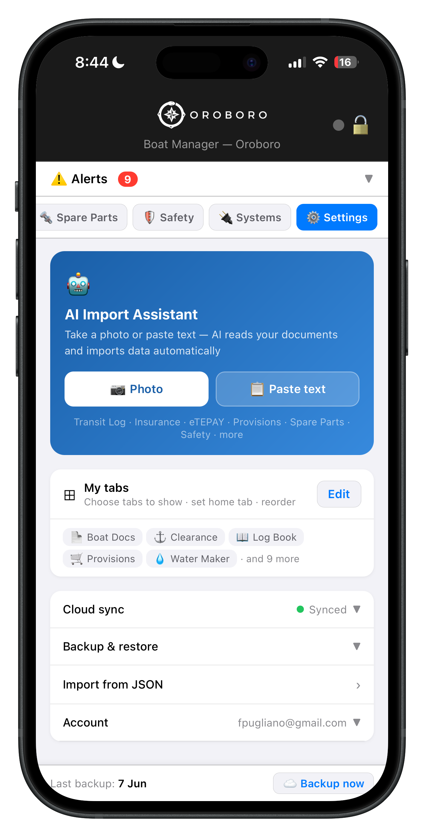 Settings tab showing AI Import Assistant, tab configuration, cloud sync, and backup options
