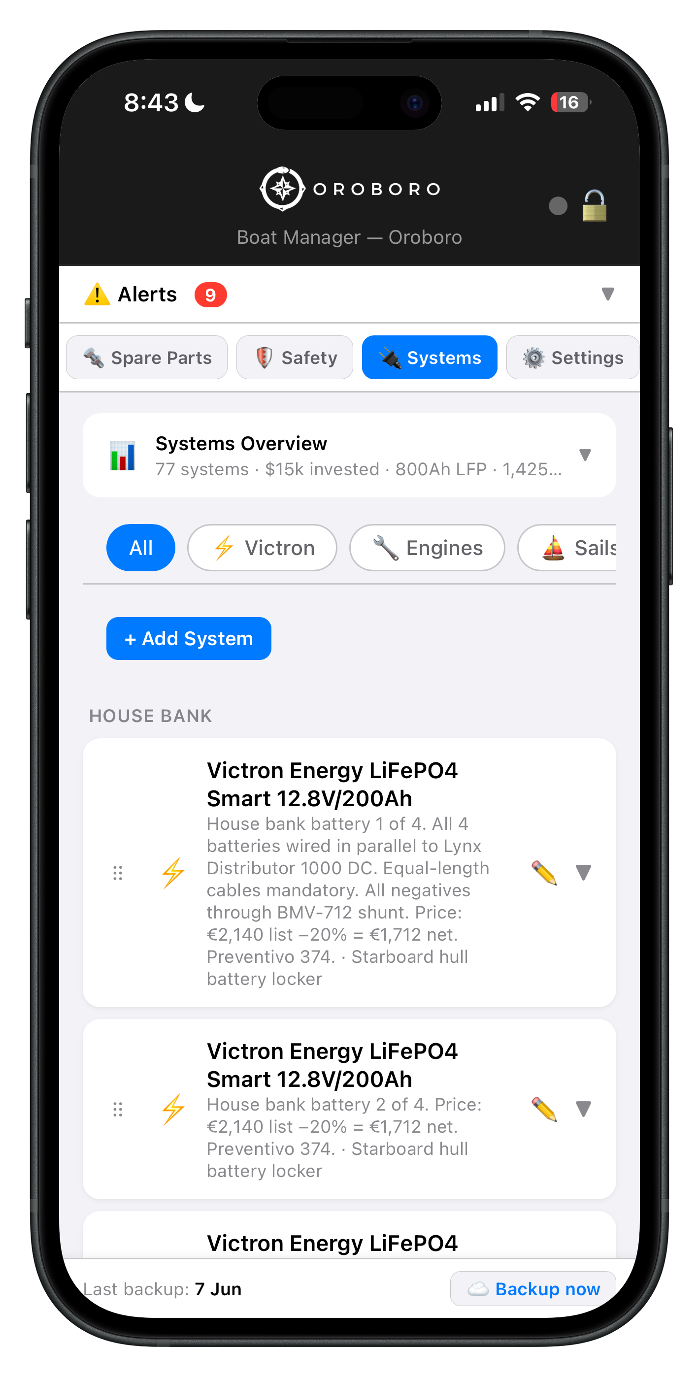 Systems tab showing full inventory of 77 boat systems including Victron LiFePO4 batteries