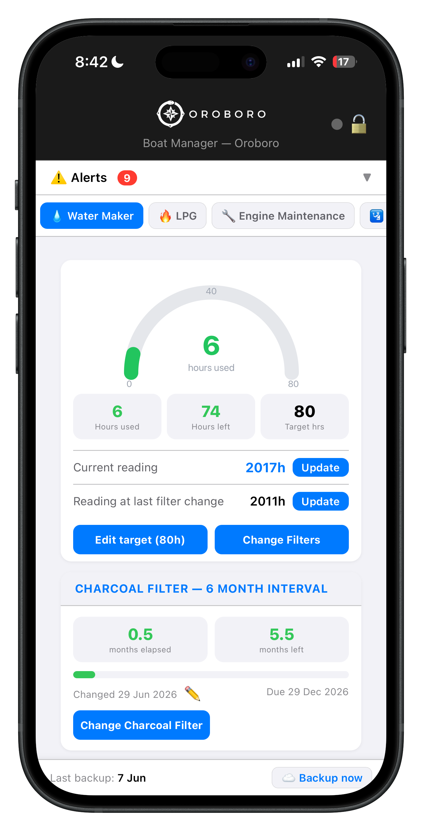 Water Maker tab showing filter hours used, hours remaining to next service, and charcoal filter countdown