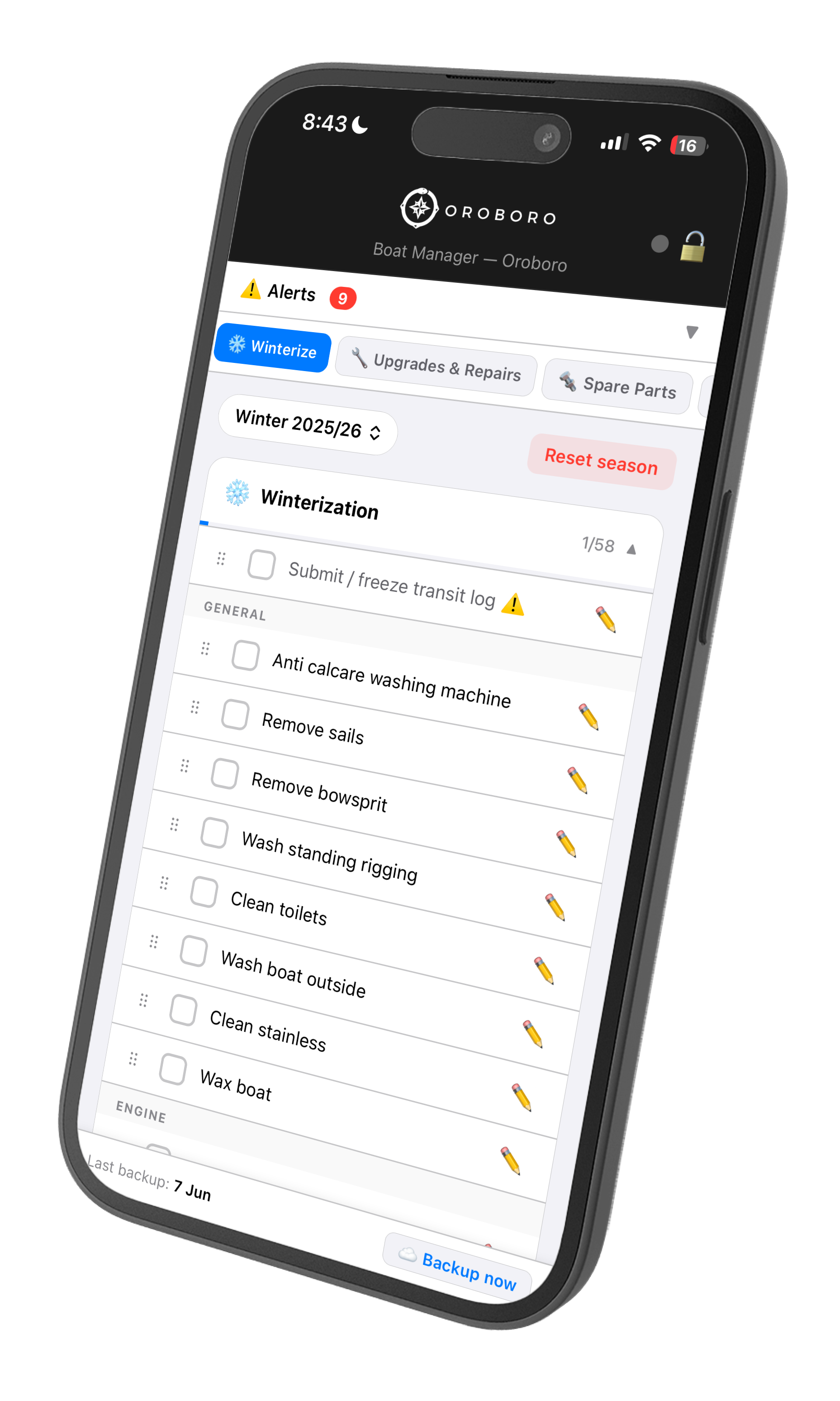 Winterize tab showing seasonal checklist with 58 tasks across general and engine sections